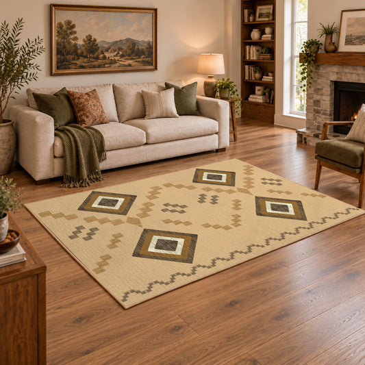beige and brown minimal square pattern area rug, angled room view
