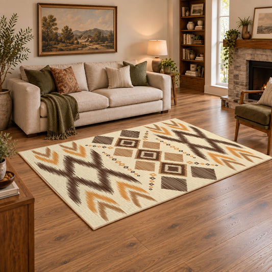 tan and orange zigzag tribal pattern area rug, angled room view