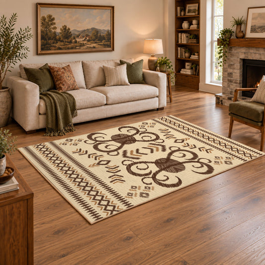 cream and brown ornamental scroll pattern area rug, angled room view