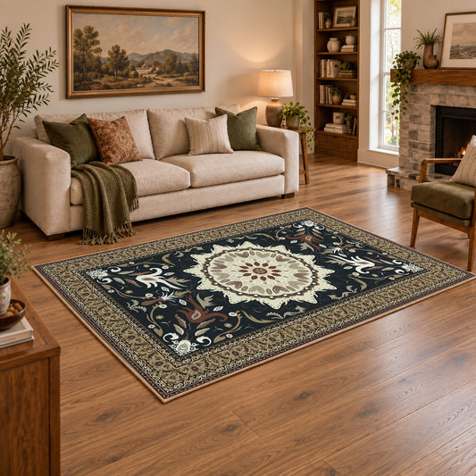 navy and ivory floral medallion area rug, angled room view