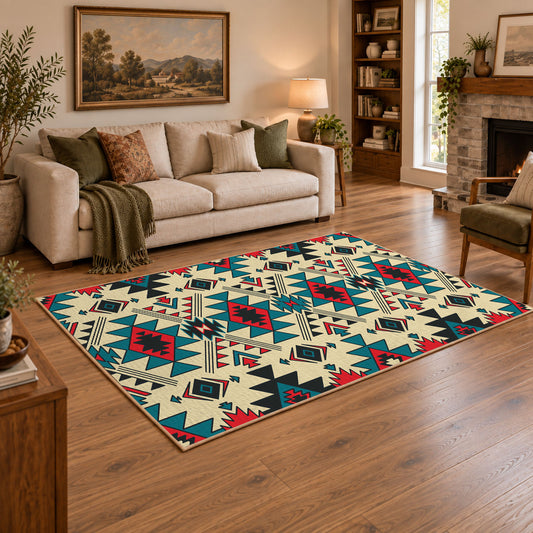 multicolor colorful southwestern tribal pattern area rug, warm living room view