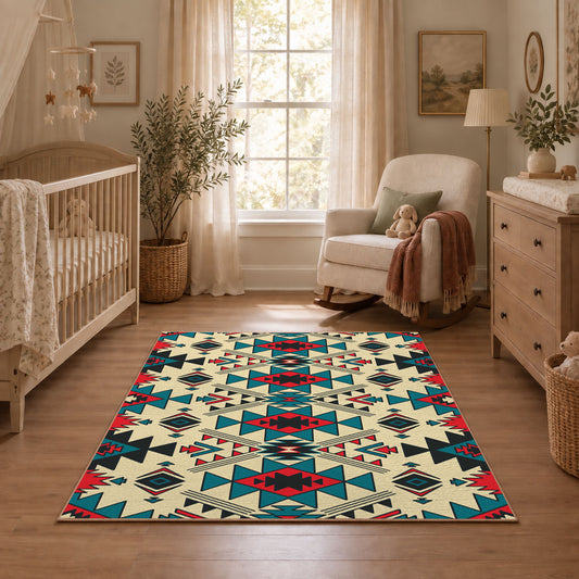 multicolor colorful southwestern tribal pattern area rug, angled room view