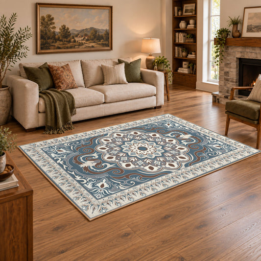 teal and gray ornate floral medallion area rug, warm living room view