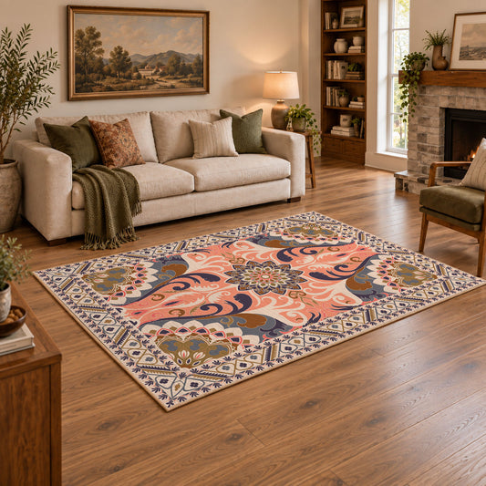 coral and blue decorative elephant and paisley motif area rug, angled room view