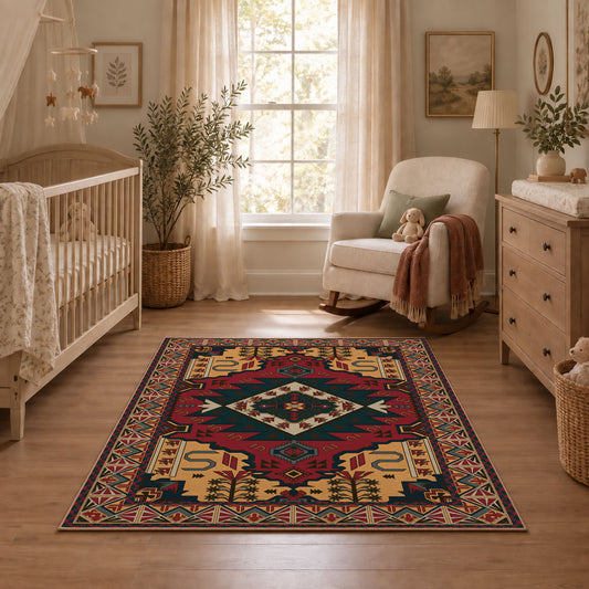 red and navy Persian inspired diamond medallion area rug, warm living room view