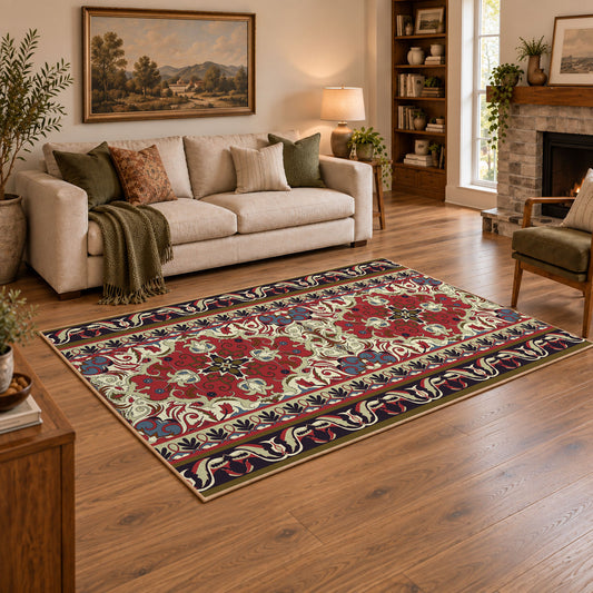 red and cream Persian inspired floral pattern area rug, angled room view