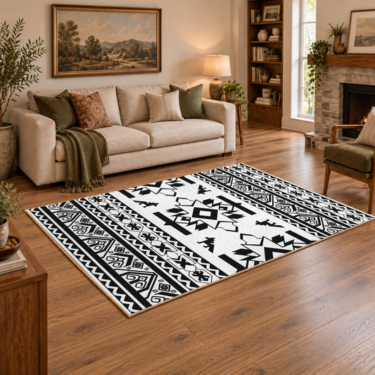 black and white tribal wildlife pattern area rug, warm living room view