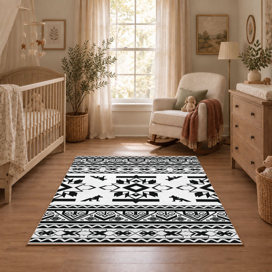 black and white tribal wildlife pattern area rug, angled room view