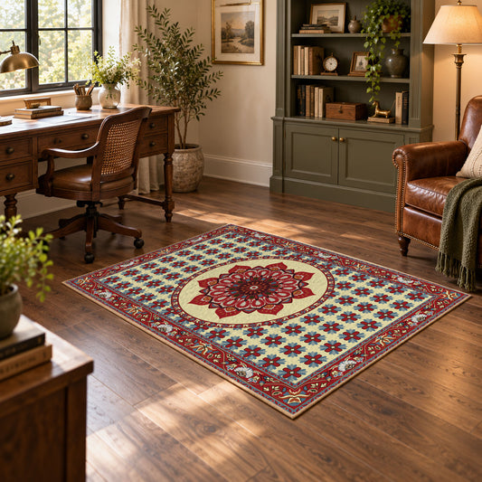 cream and red tile medallion pattern area rug, warm living room view
