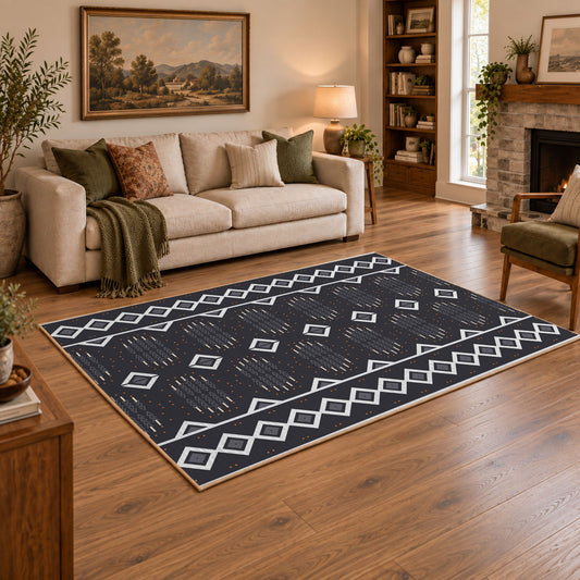 charcoal gray minimal diamond pattern area rug, angled room view