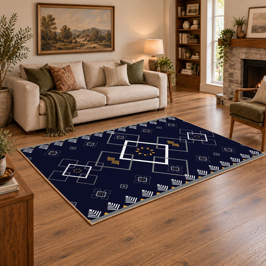 navy blue square geometric pattern area rug, warm living room view