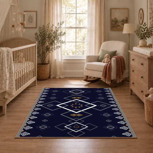 navy blue square geometric pattern area rug, angled room view