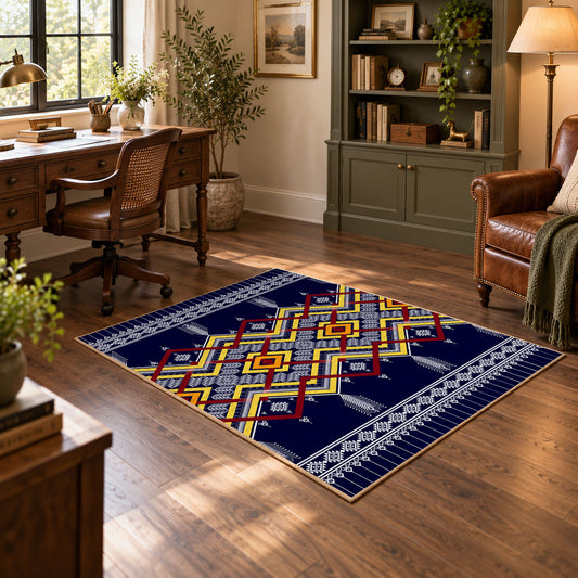 navy and multicolor tribal maze pattern area rug, warm living room view