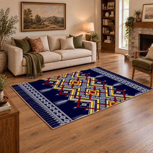 navy and multicolor tribal maze pattern area rug, angled room view
