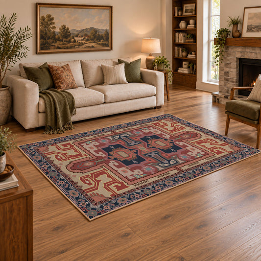 terracotta and blue distressed tribal pattern area rug, angled room view