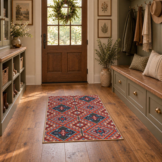 red and blue kilim patchwork pattern area rug, warm living room view