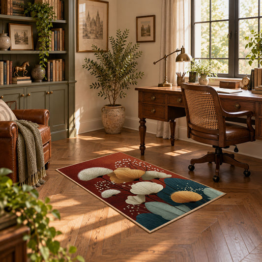 red and teal balanced stone composition area rug, warm living room view