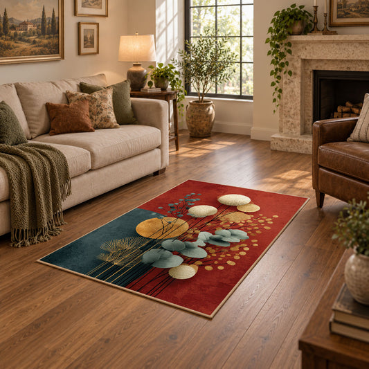 teal and orange balanced stone composition area rug, warm living room view
