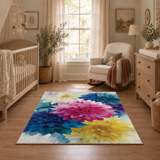 bright multicolor watercolor flower blossoms area rug, angled room view