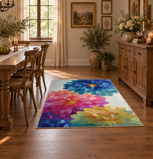 bright multicolor watercolor flower blossom area rug, warm living room view