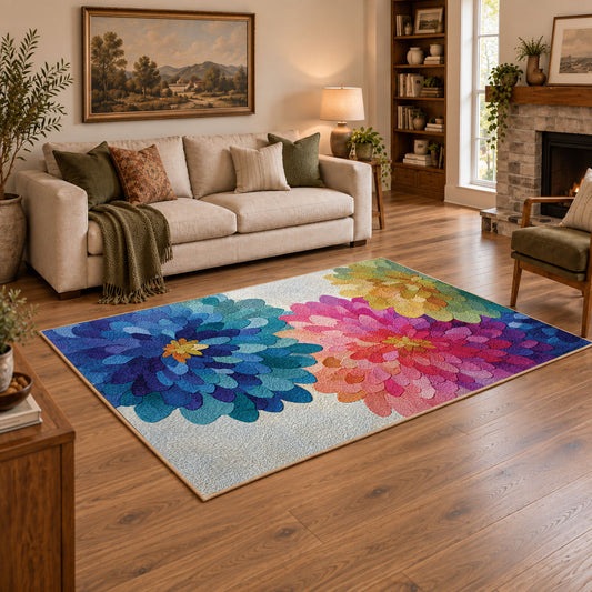 bright multicolor watercolor flower blossom area rug, angled room view