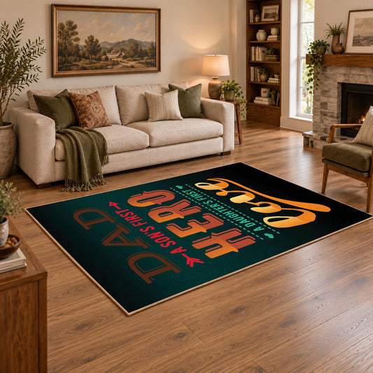 black and orange retro coffee typography area rug, angled room view