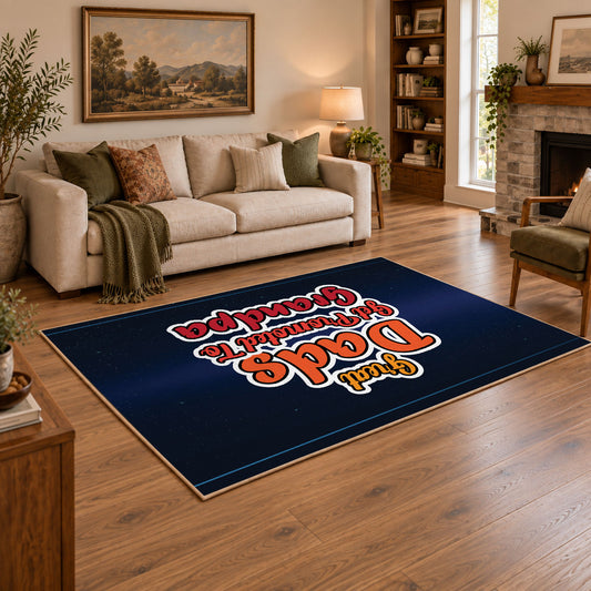 navy and red basketball typography design area rug, angled room view