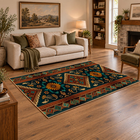 dark teal and orange tribal geometric pattern area rug, angled room view