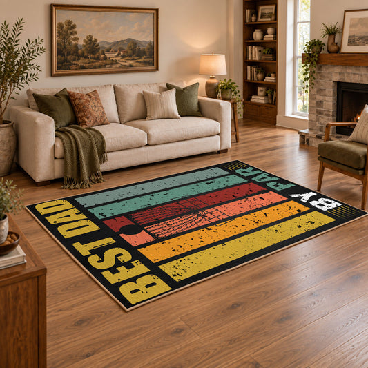 black and gold retro father quote typography area rug, angled room view