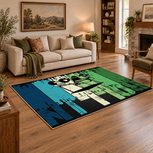 green and black retro athlete graphic area rug, angled room view