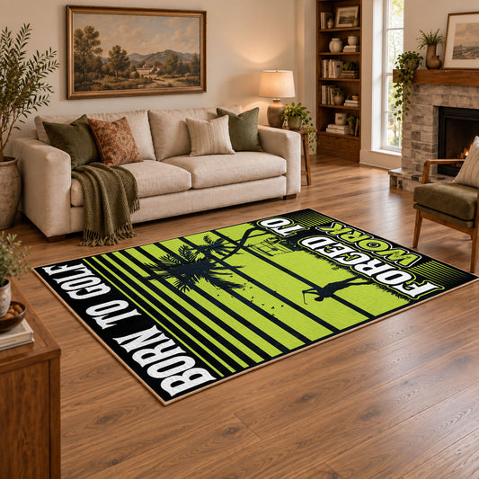 lime green and black baseball typography graphic area rug, angled room view