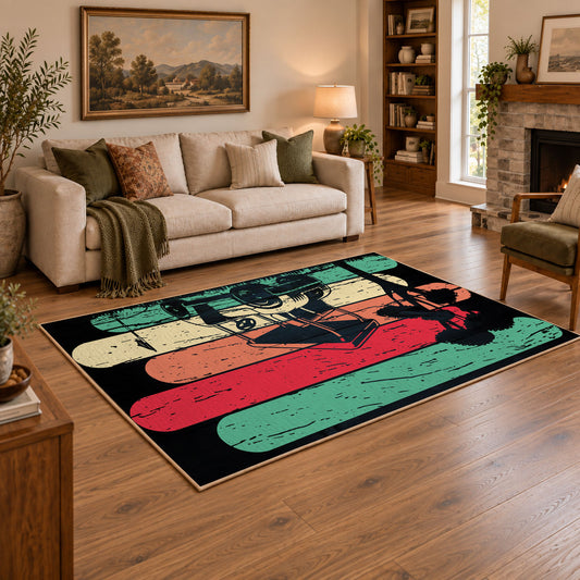 red teal and cream retro baseball graphic area rug, angled room view