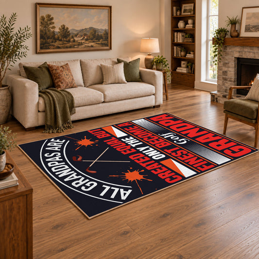 black and red athletic typography graphic area rug, angled room view