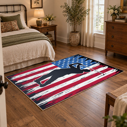 red white and blue patriotic football and flag design area rug, warm living room view