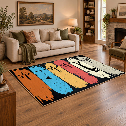 orange blue and cream retro boxing gloves graphic area rug, angled room view