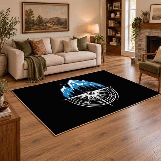 black blue mountain compass hiking area rug, featured room view