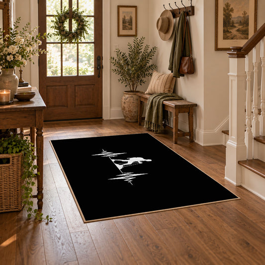 black minimalist hiker heartbeat silhouette area rug, featured room view