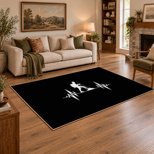 black minimalist hiker heartbeat silhouette area rug, angled room view
