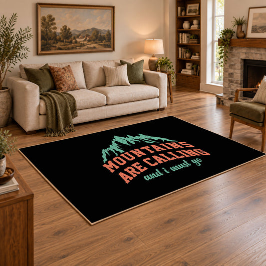 black coral mountains are calling quote area rug, angled room view