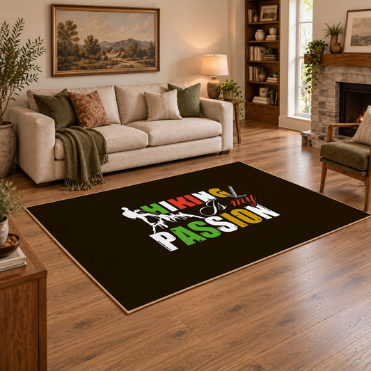 brown colorful hiking passion typography area rug, angled room view