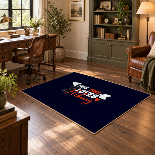 navy girl loves hiking typography area rug, featured room view