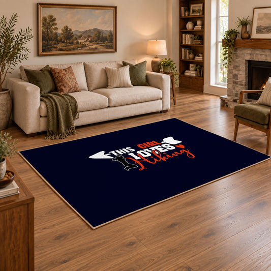 navy girl loves hiking typography area rug, angled room view