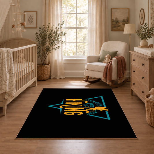 black gold life is better hiking quote area rug, full pattern view