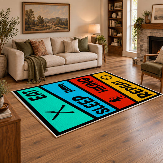 colorful eat sleep hiking repeat typography area rug, angled room view