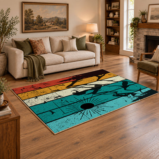 colorful retro mountain sunset abstract area rug, angled room view