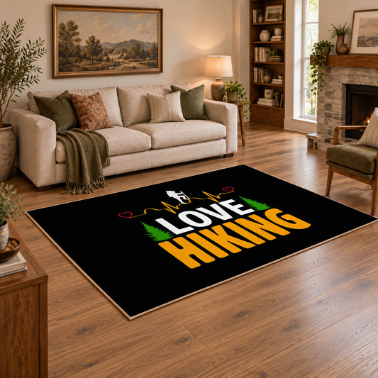 black gold love hiking typography area rug, featured room view