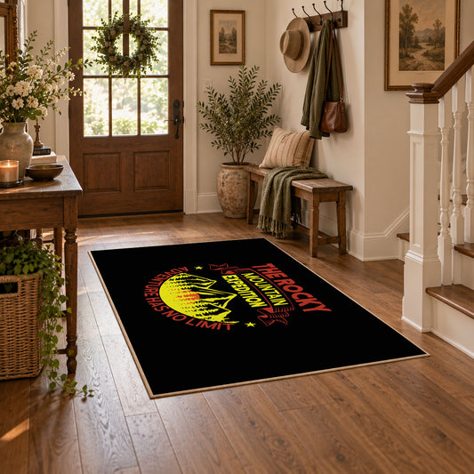 black rocky mountain expedition adventure area rug, featured room view