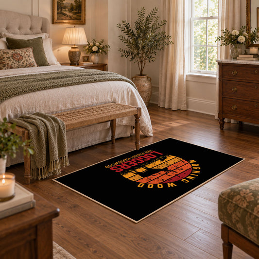 black orange vintage logger mountain area rug, featured room view
