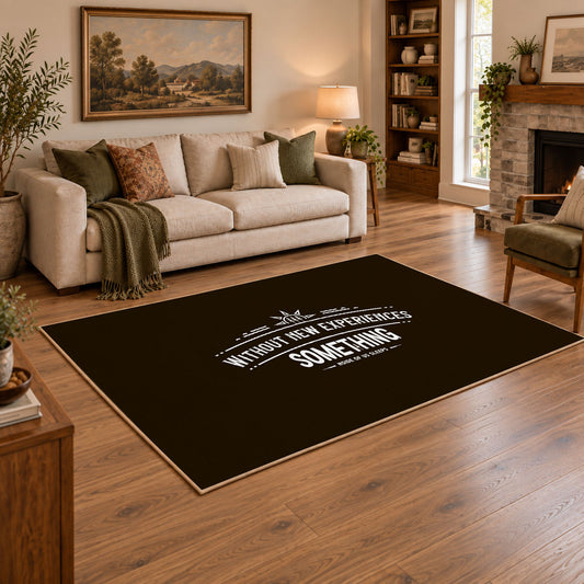 brown white wilderness mountain quote area rug, angled room view