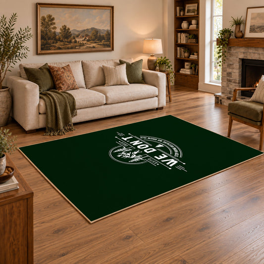 dark green life is good camping badge area rug, angled room view
